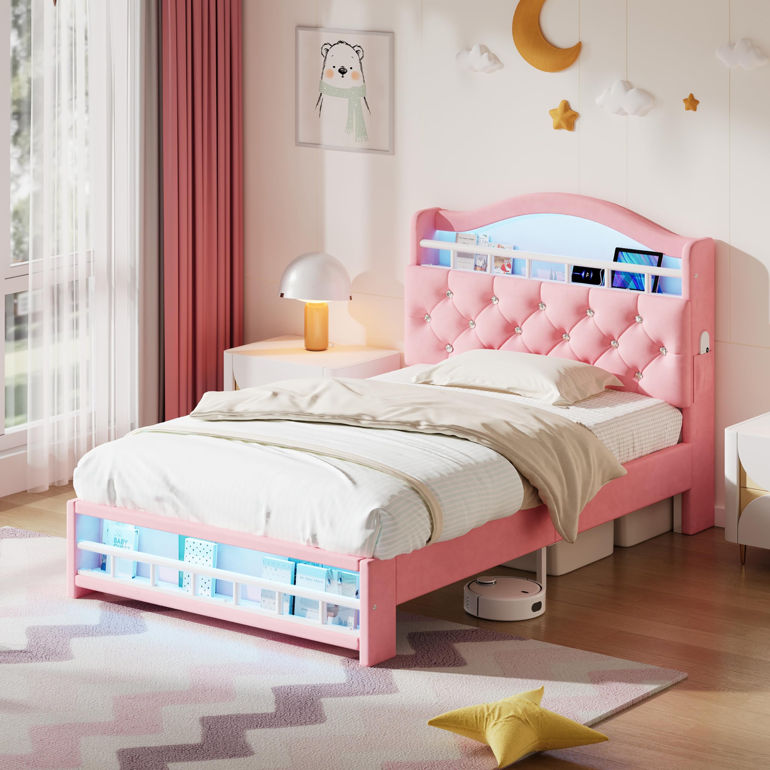 Merax 3FT Single Upholstered Bed Frame with LED Lights & Charging Station, Velvet Storage Bed with Diamond Tufted Headboard, USB & Type-C Ports, Single Bed Frame with Storage, Pink (NO Mattress)