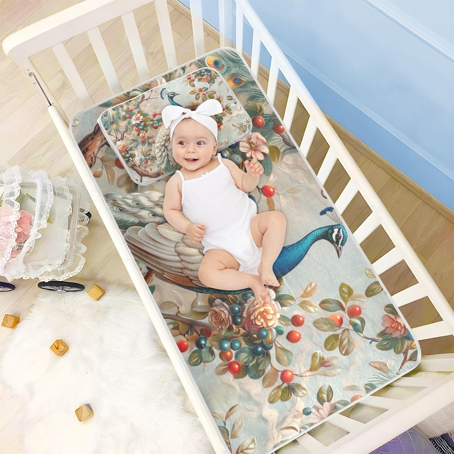 Art Oil Painting Peacock Olive Cooling Baby Mattress Protector Pads 28" x 52" Absorbent Bed Pads for Kids for Baby&Toddler