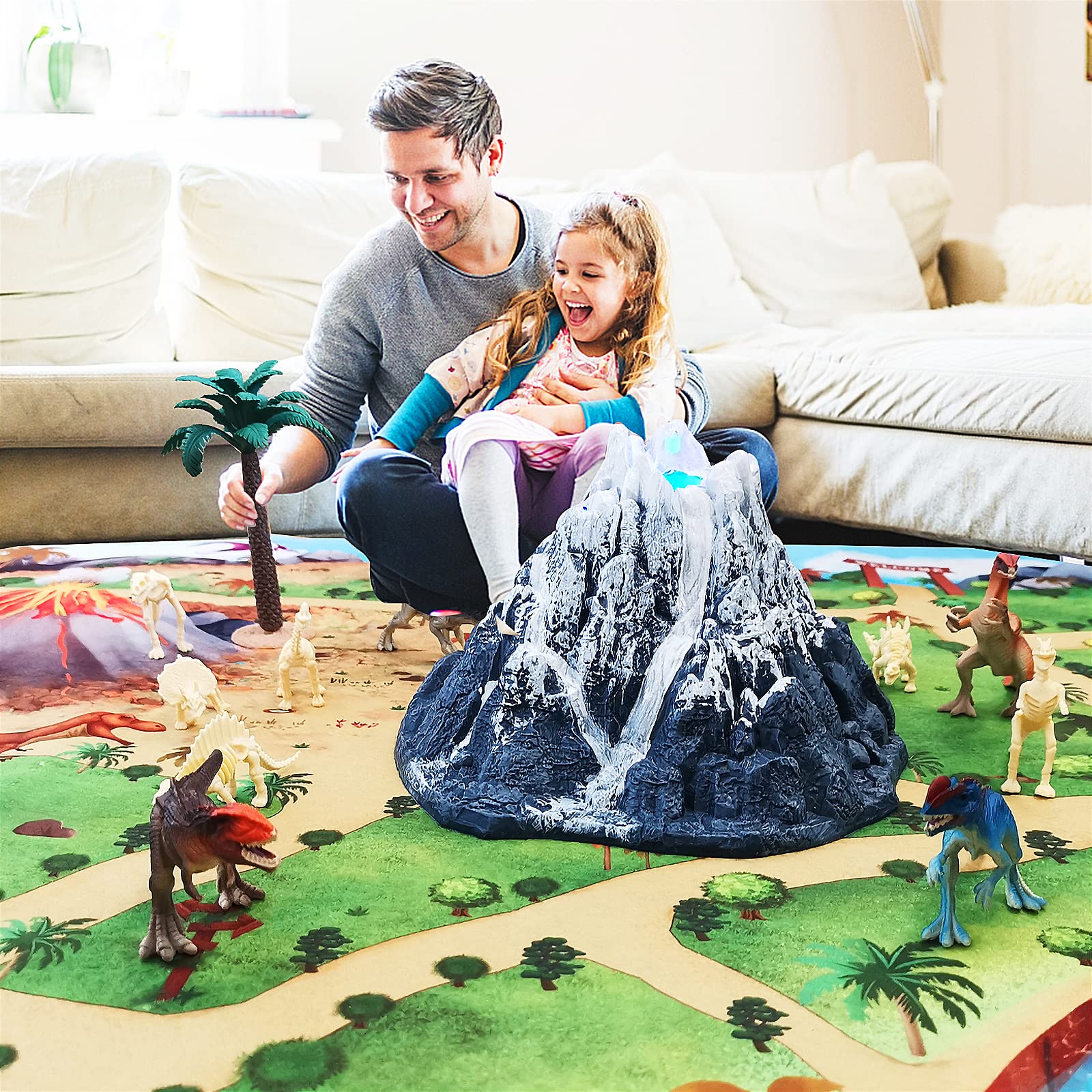 Dinosauro giocattoli set modello vulcano spray luce blu con tappetino da gioco alberi per creare un mondo Dino per bambini (XY01701)