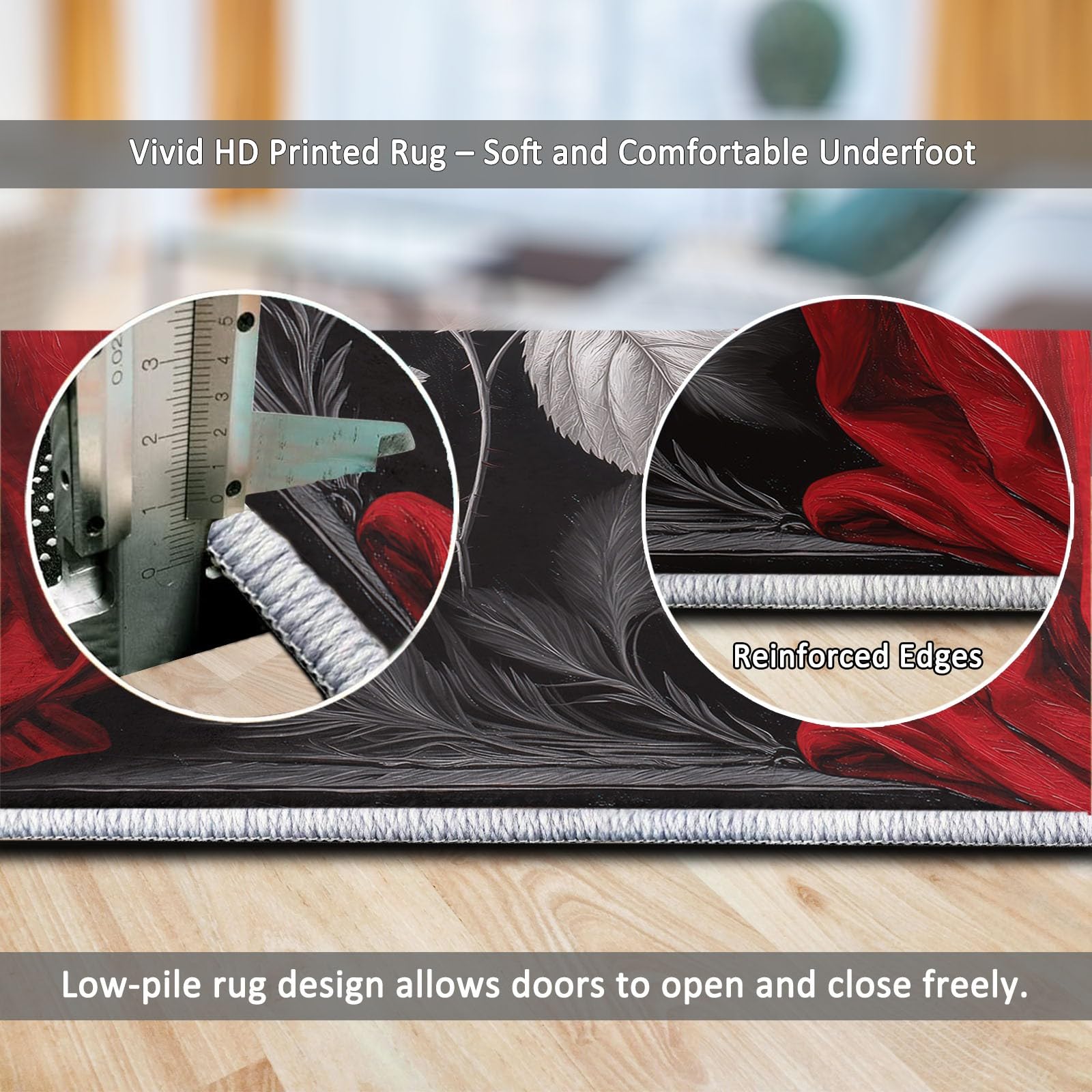 Generisch Teppich 160 x 230cm Weich rutschfest - Rote Vorhänge Schwarze Rosen Druck Muster für Dekoration Schlafzimmer Kinderzimmer Esszimmer Paarzimmer Kurzflor