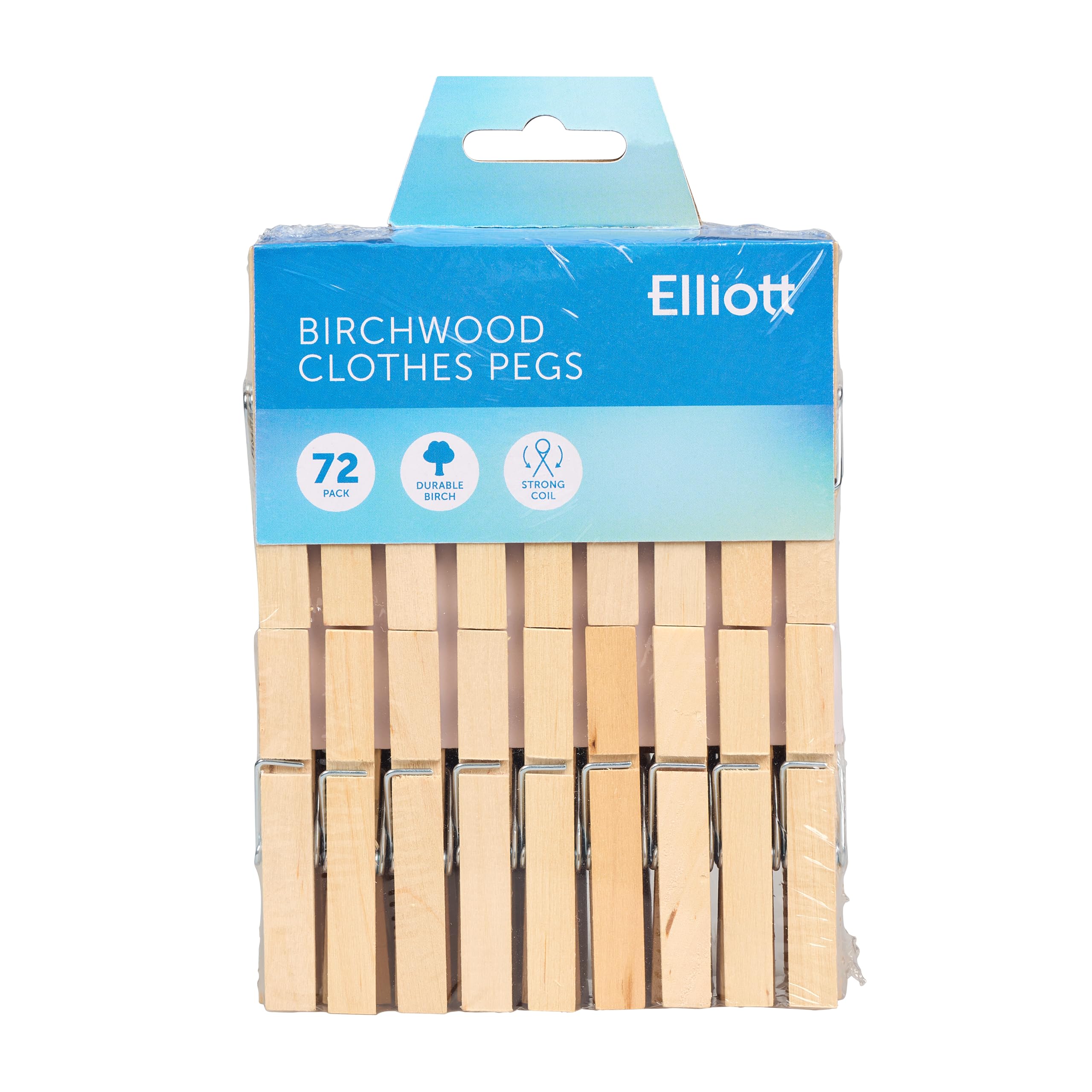 Elliott Hardwood Clothes Pegs with Metal Coil Spring for Firm Grip, Contoured to Prevent Leaving Marks on Clothing, This Pack Include 72 Pegs Ideal for Outdoor and Indoor Use