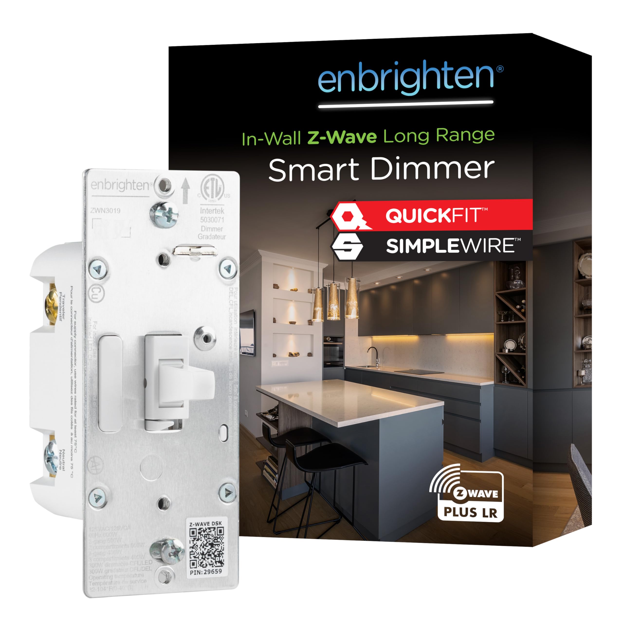 Enbrighten 800 Series Z-Wave Toggle Dimmer, Long Range 800LR, Quick Fit, Simple Wire, Direct 3-Way (No Add-On Switch Needed), Smart Hub Required,