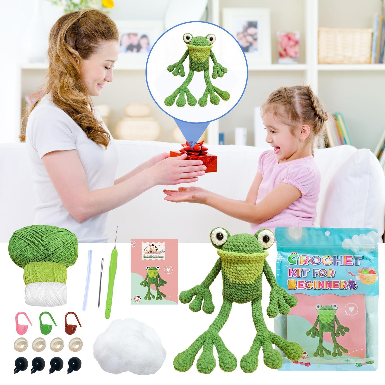 GkgWuxf Kit di animali all'uncinetto rana, kit completo di animali all'uncinetto, con filo ad uncinetto, istruzioni passo dopo passo, kit di artigianato rana dei cartoni animati per bambini