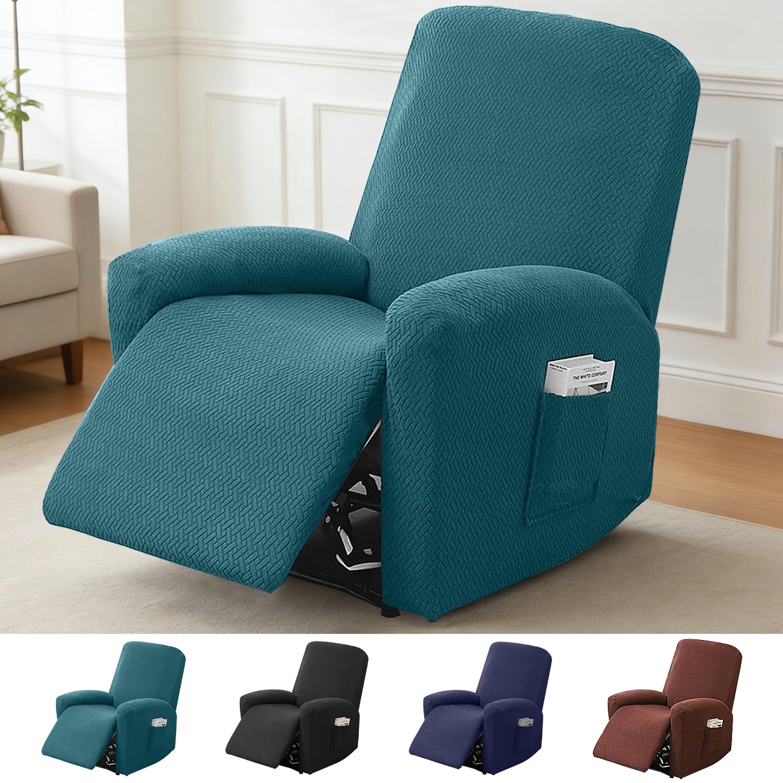 Yunlaishaocer Set di 4 Copri Poltrona Relax Reclinabile, Copripoltrona 1 Posto Elasticizzato con Tasche e Braccioli,Utte le Inclusive Strisce Jacquard, Lavabile (Verde Scuro)