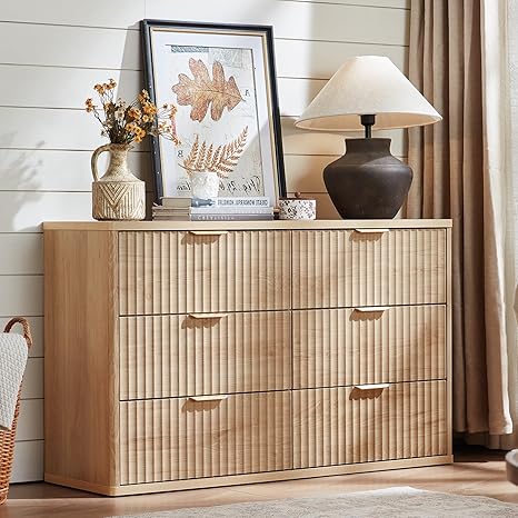 LEYAOYAO Fluted 6 Drawers Dresser for Bedroom, 48" Wide Modern Chest of Drawers with Metal Handle, Natural Curved Profile Farmhouse Closet Organizer Wood Dressers TV Stand for Living Room, Hallway