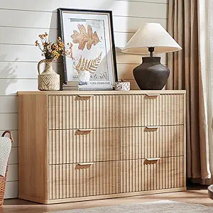 LEYAOYAO Fluted 6 Drawers Dresser for Bedroom, 48" Wide Modern Chest of Drawers with Metal Handle, Natural Curved Profile Farmhouse Closet Organizer Wood Dressers TV Stand for Living Room, Hallway