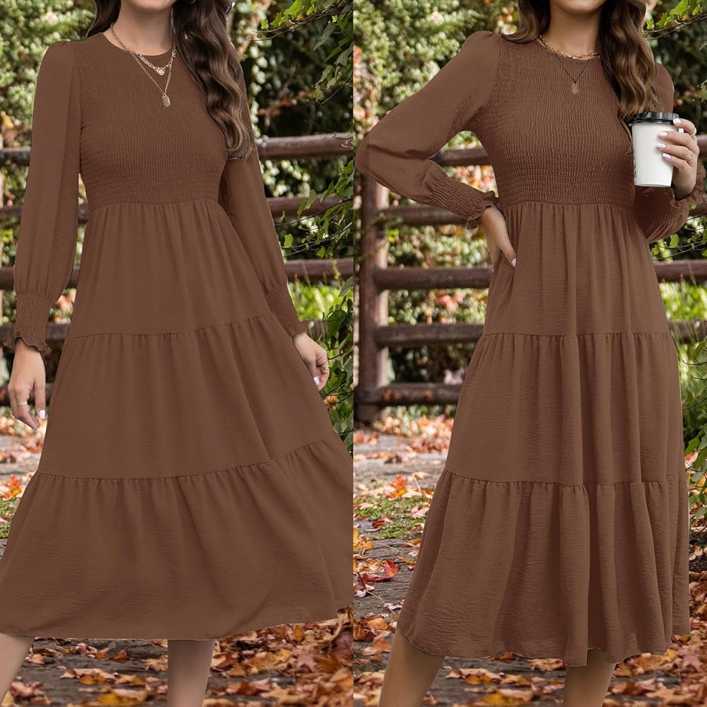 ZOOMOON Women's Smocked Puff Sleeve Dress 2025 Fall Winter