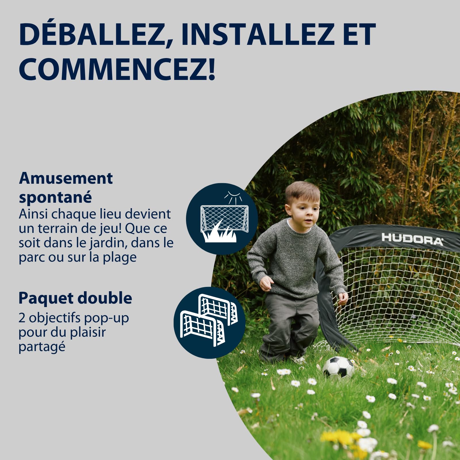 HUDORA Pop Up But de Foot Set de 2 I Buts de Foot Pliables pour Enfants & Adultes I But de Foot Jardin Set avec Sac de Transport & Piquets I Buts de Foot pour Jardin/Parc & Plage | Noir