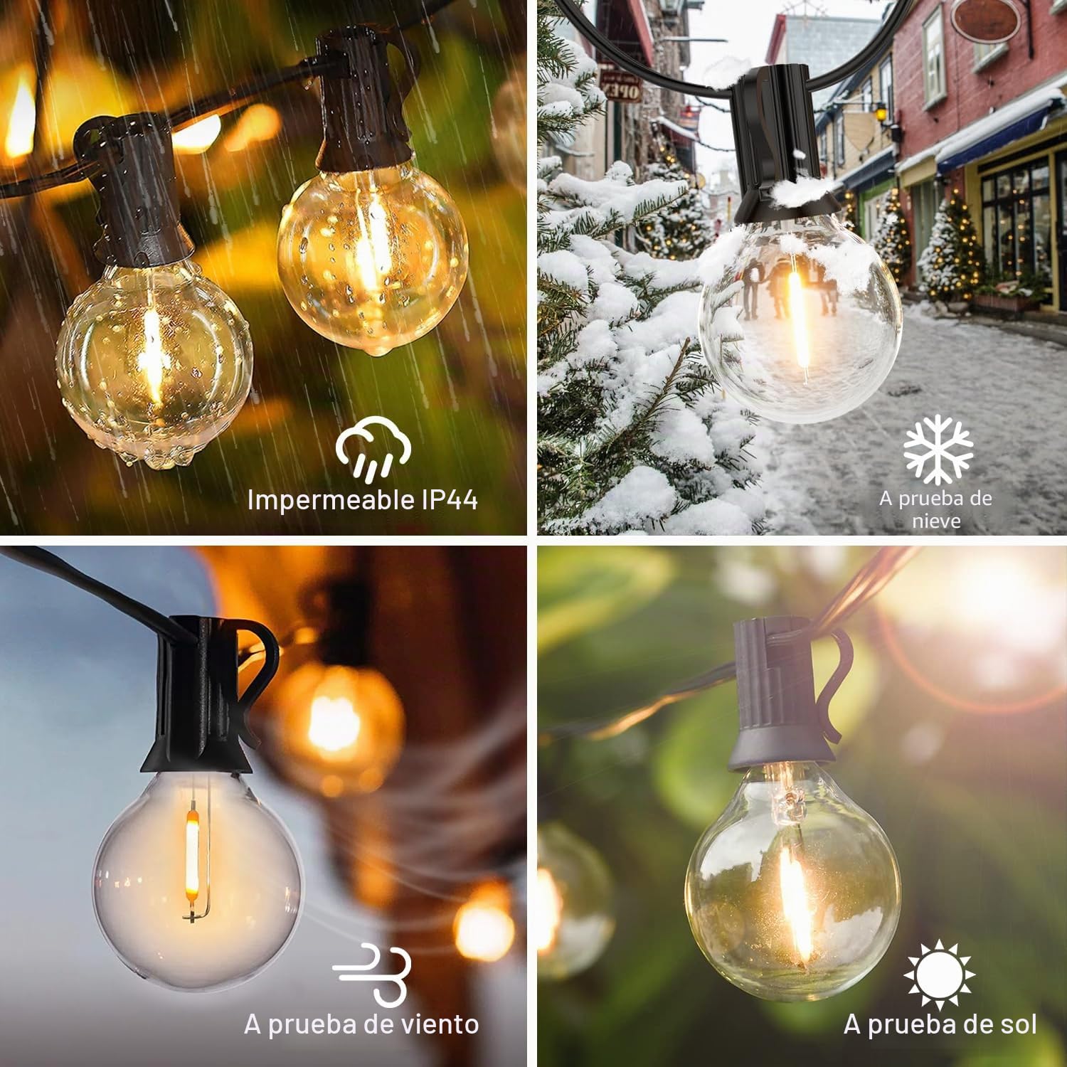 Cadena de luces solares de 15 m para exteriores con 25 + 1 bombillas LED G40, cadena de luces para exteriores, resistente a la intemperie con USB / método de carga solar, 8 modos, IP65