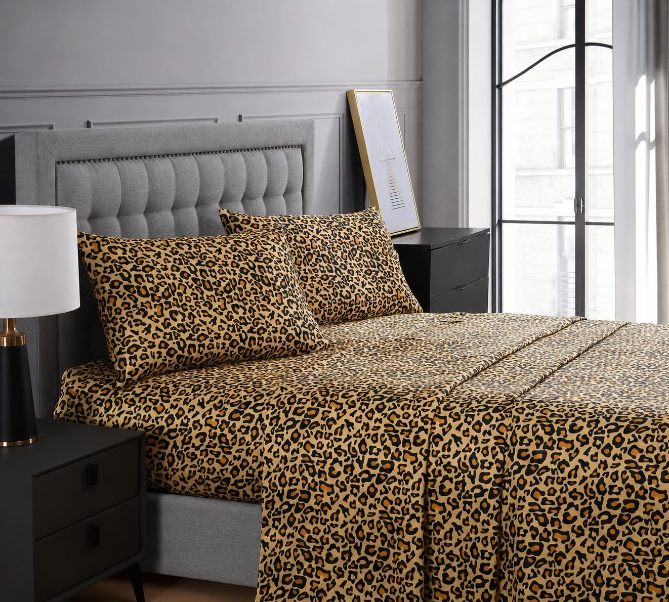 Elite Home Products, Inc. - Set di lenzuola lussuose in raso, 4 pezzi, per letto matrimoniale, motivo leopardato