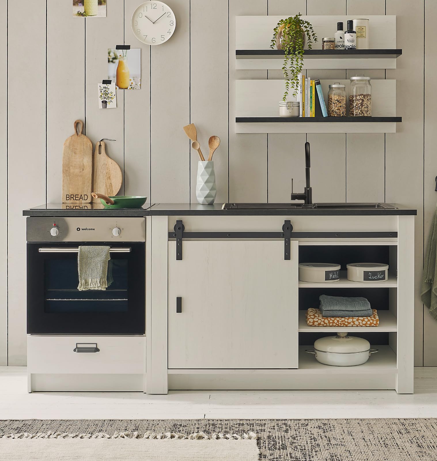 Küche Küchenzeile weiß Pinie und grau/anthrazit 200 cm Küchenschrank Set 4-teilig Singleküche Stove (Set 1)