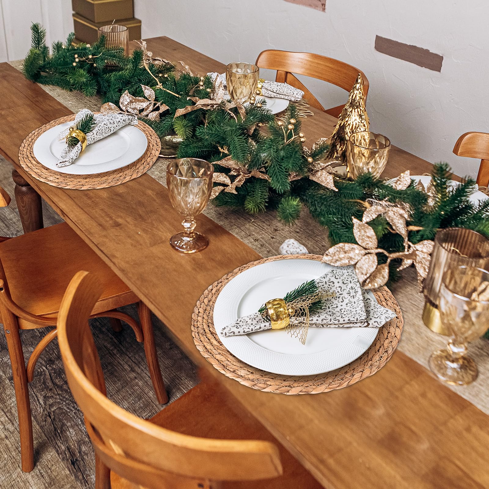 Round Woven Placemats Set of 6 | Handmade Natural Wicker Placemats for Holiday Wedding Home - Slip Heat Resistant Rattan Chargers for Dinner Plates (12 Inch)