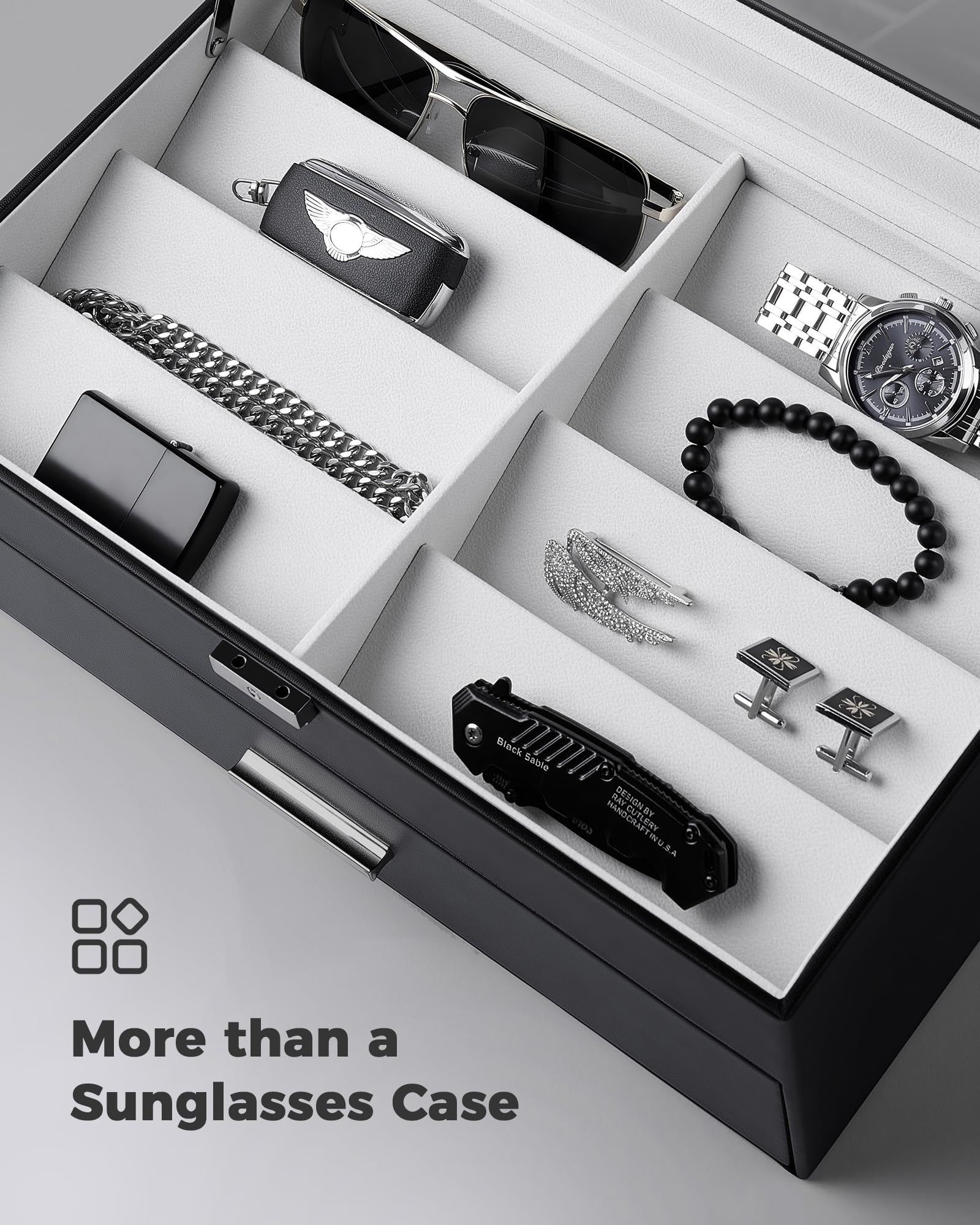 ProCase Organizer na okulary przeciwsłoneczne dla mężczyzn - etui ze skóry PU z przegródkami, szklaną pokrywą z zamkiem, nachylonymi przegrodami i miękką podszewką