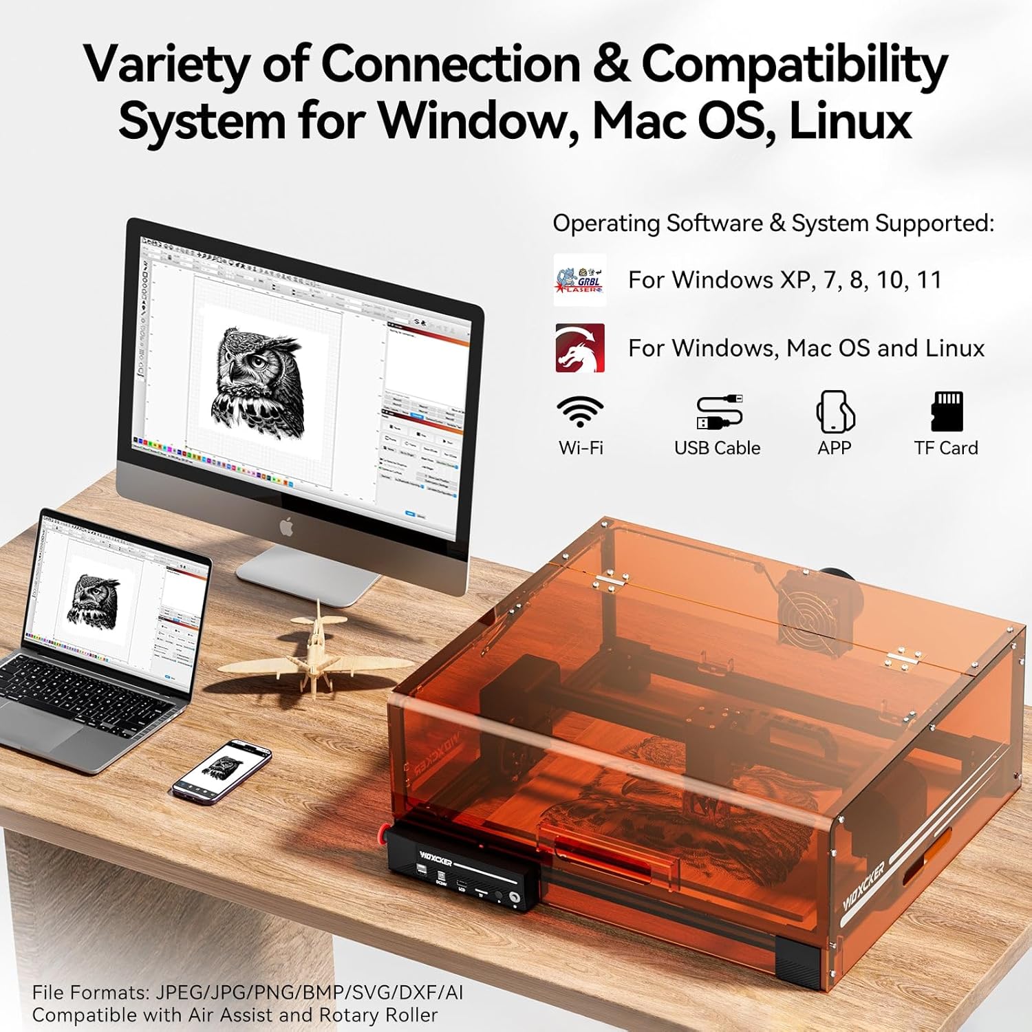 Diagram showing various connection and compatibility options for the laser engraver