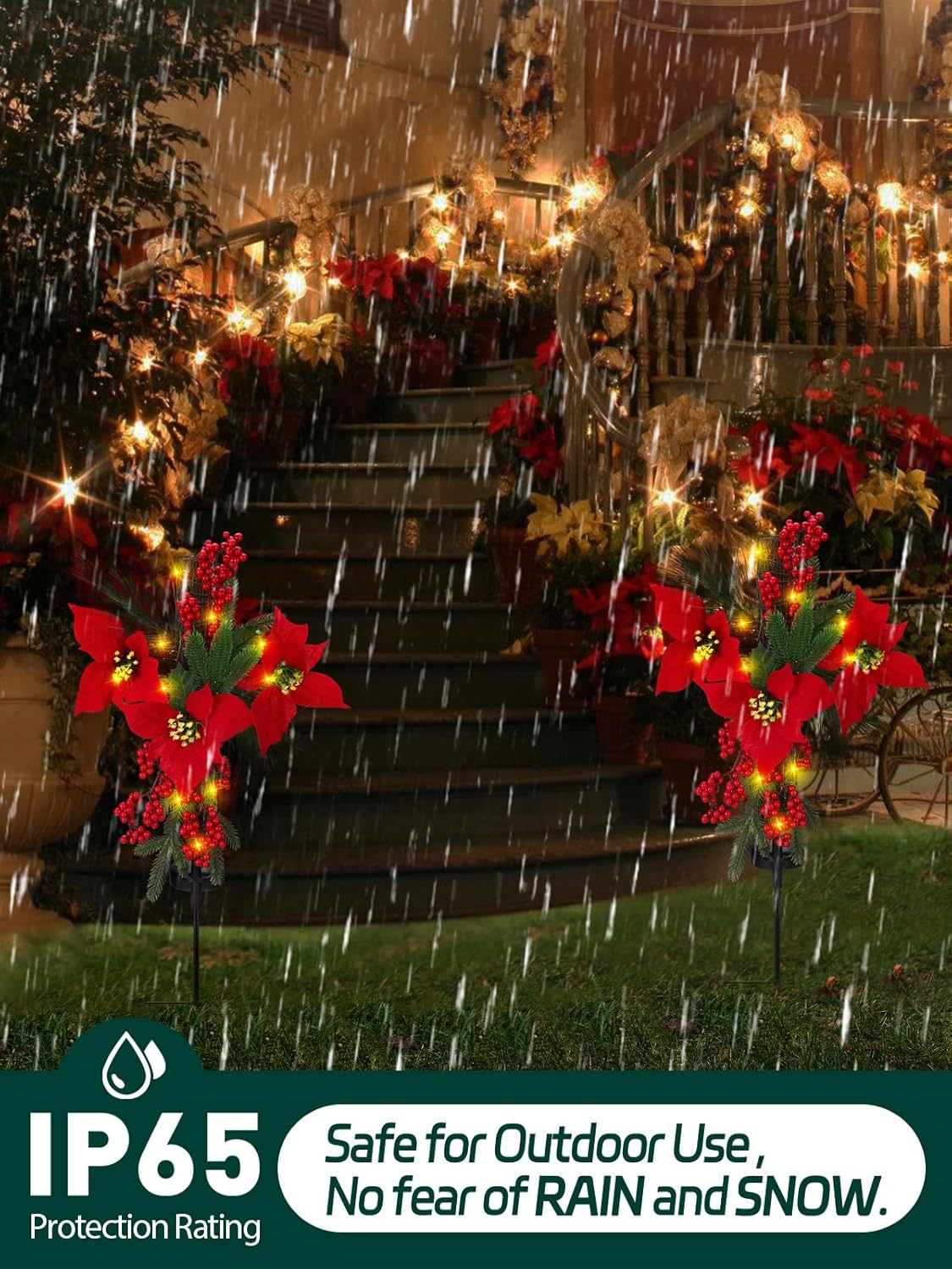 Christmas Cemetery Decorations for Grave - IP65 Waterproof Solar Lights Cross Stake with Faux Poinsettia Flowers Pine Foliage, Garden Lawn Yard Pathways Xmas Outdoor Decor (Metal Frame, 1 Pack)