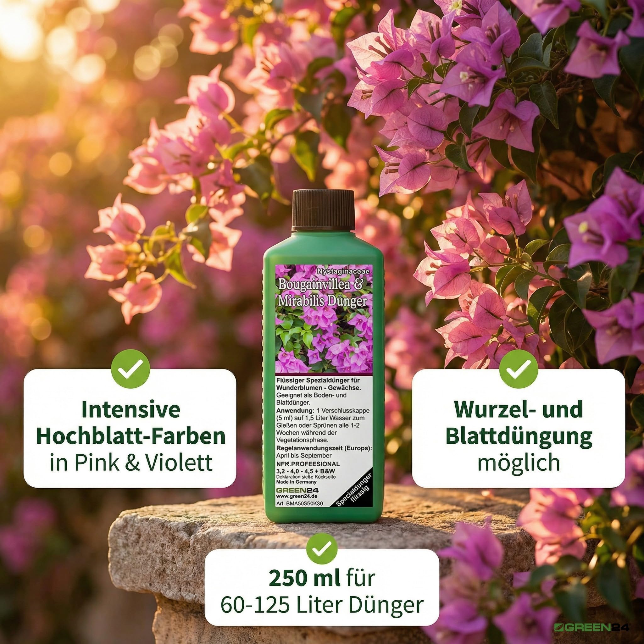 GREEN24 Bougainvillea & Mirabilis nawóz 250 ml – specjalny nawóz do mirabilis, drillingsblumen – śródziemnomorskich roślin doniczkowych, nawóz do kwiatów – płynny nawóz NPK do Nyctaginaceae – balkon