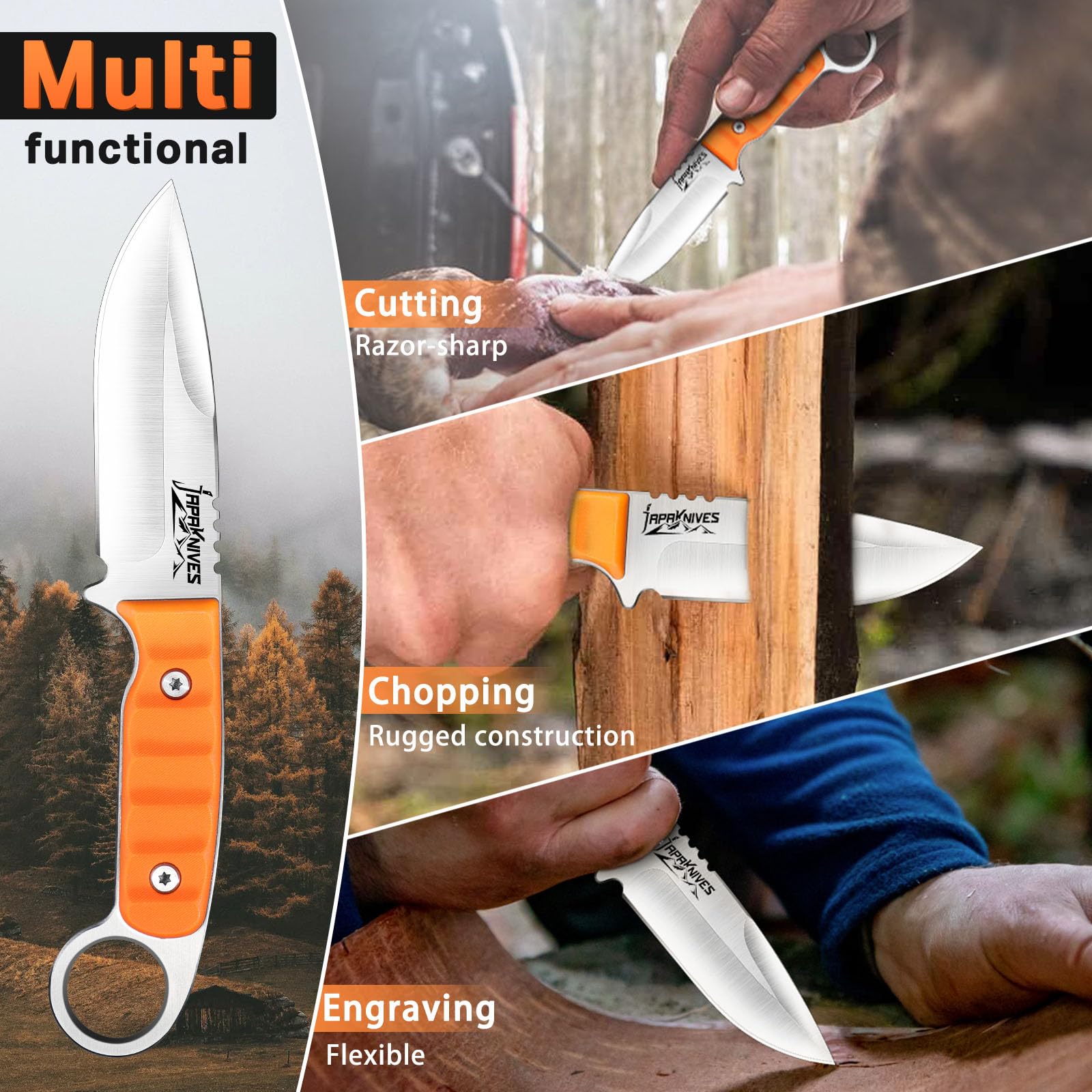 Japaknives Fissa Lama Piccolo Outdoor Coltello 9cm Sopravvivenza Coltello con Guaina Skinner G10 Impugnatura Camping coltello per Campeggio Arancione