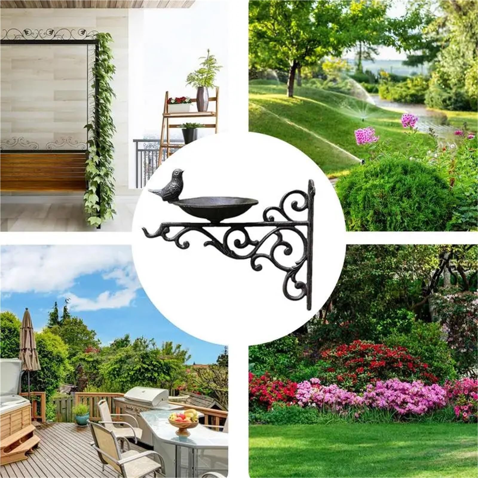 Vogeltränken Wandmontiertes Vogelbad, dekorativer Vogelfutterspender aus Gusseisen, Gartenornamente, Nüsse, Mehlwürmer, Wasserschale, Korbhalterung mit Vogel