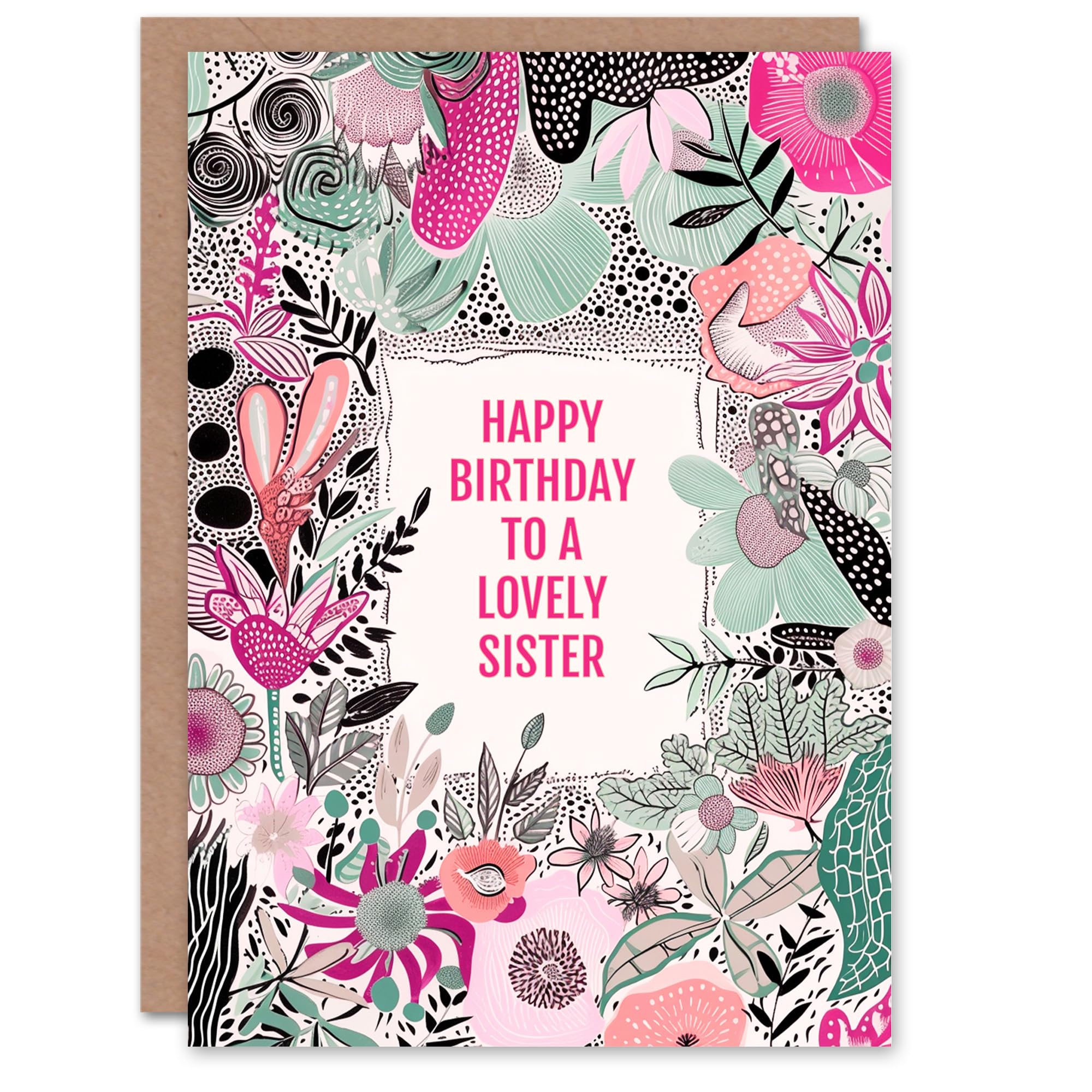 Artery8 Sister Happy Birthday Card Elegant Modern Boho Wildflowers Pink Flowers For Her Greeting Card