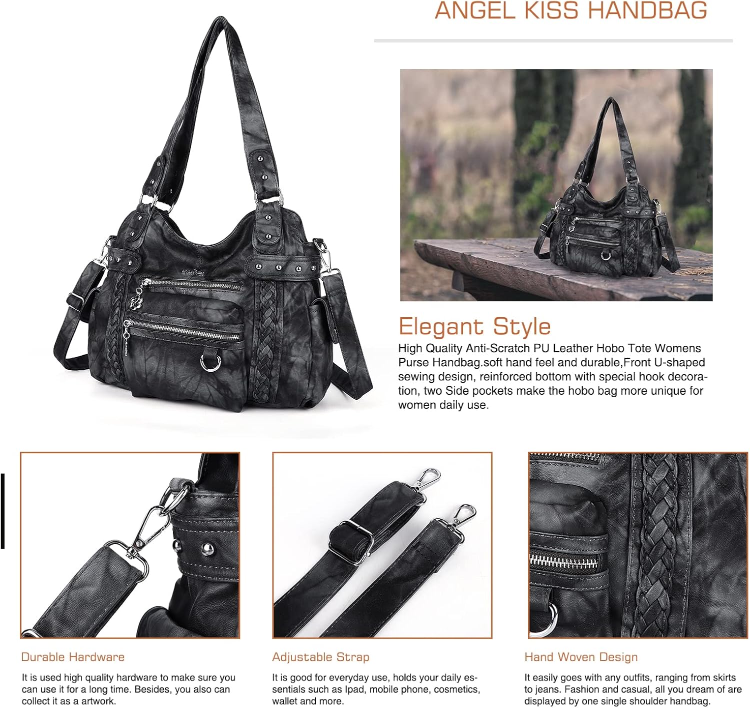 Angel Kiss Hobo Handbags for Women Soft PU Leather Shoulder Handbags Ladies Purses - Image 5