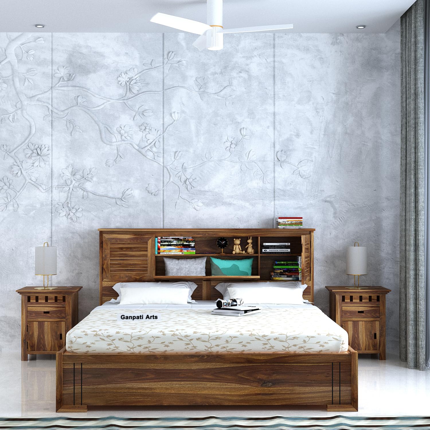 Ganpati Arts Maharaja Groove Solid Sheesham Wood Queen Size Bed with Box and Headboard Storage Wooden Double Bed Cot Palang Furniture for Bedroom Living Room Home (Teak Finish)