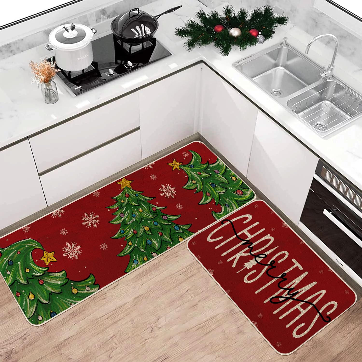 Xmas Tree Snowflakes Red Merry Christmas Kitchen Rugs Set of 2, Winter Xmas Home Decor Low-Profile Kitchen Mats for Floor - 17x29 and 17x47 Inch