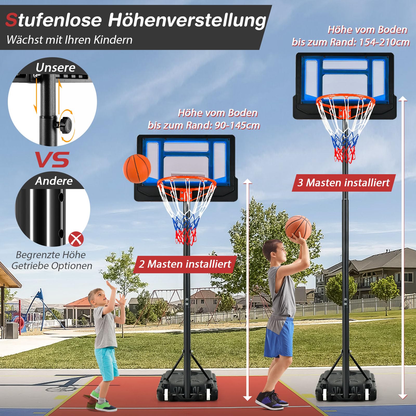 GOPLUS Basketballkorb Outdoor für Kinder Jugendliche, 90-210cm Korbhöhe verstellbar, Basketballständer tragbar mit Rollen, Basketballkorb mit Ständer und 76x50cm Rückwand