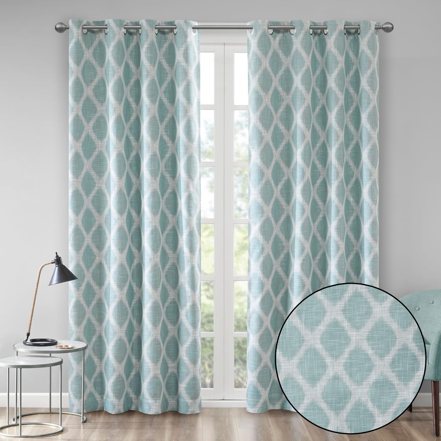 Sun Smart Blakesly Blackout Curtains Patio Window, Ikat Print, Grommet Top Living Room Decor, Living Room Decor, Thermal Insulated Light Blocking Drape for Bedroom and Apartments, 50" x 84", Aqua
