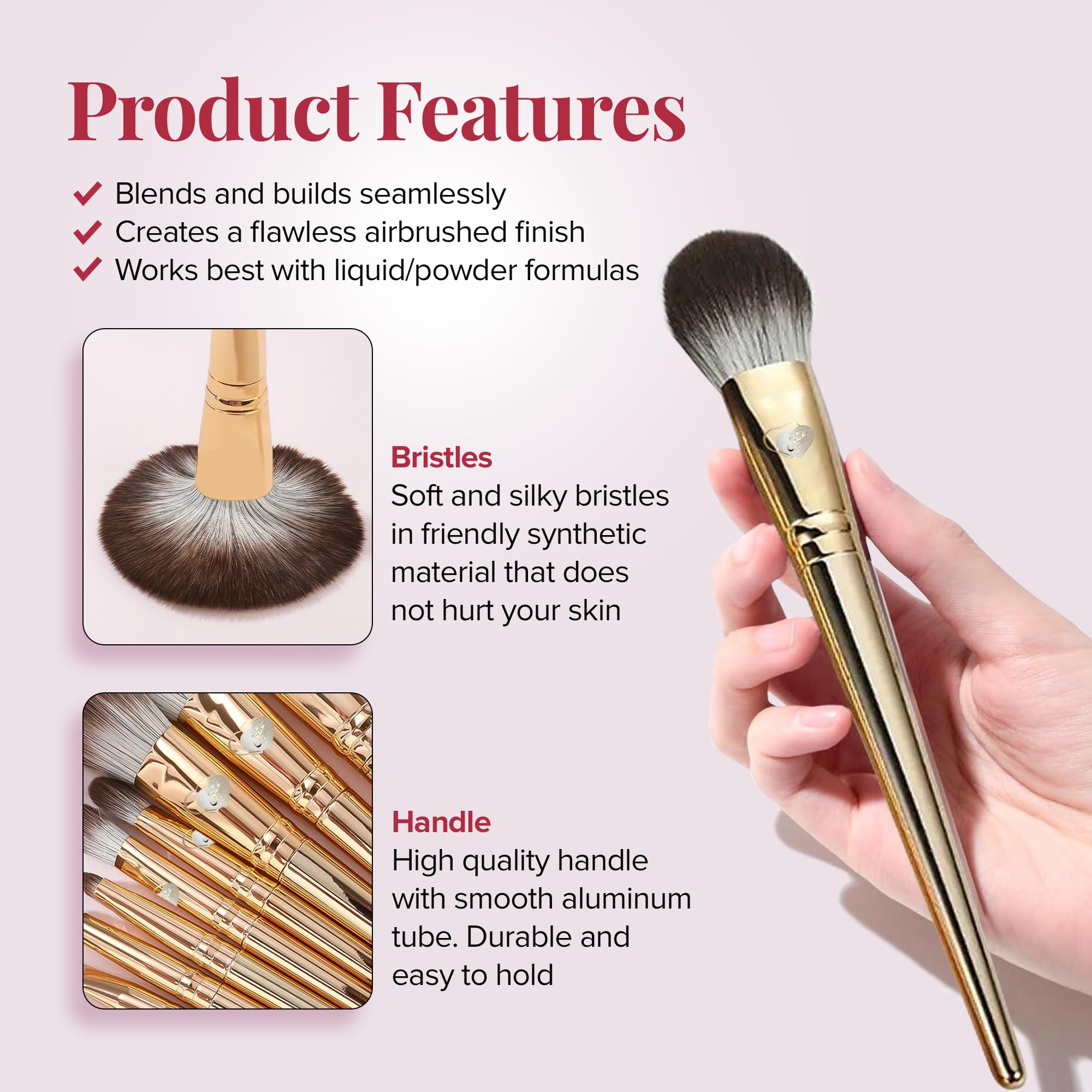 Delbar Gold Makeup Brushes by Lady of Eshgh | 8pc Full Face Makeup Brush Set with Travel Bag | Professional Make Up Brushes | Cruelty Free, Natural Hair-Like Bristles