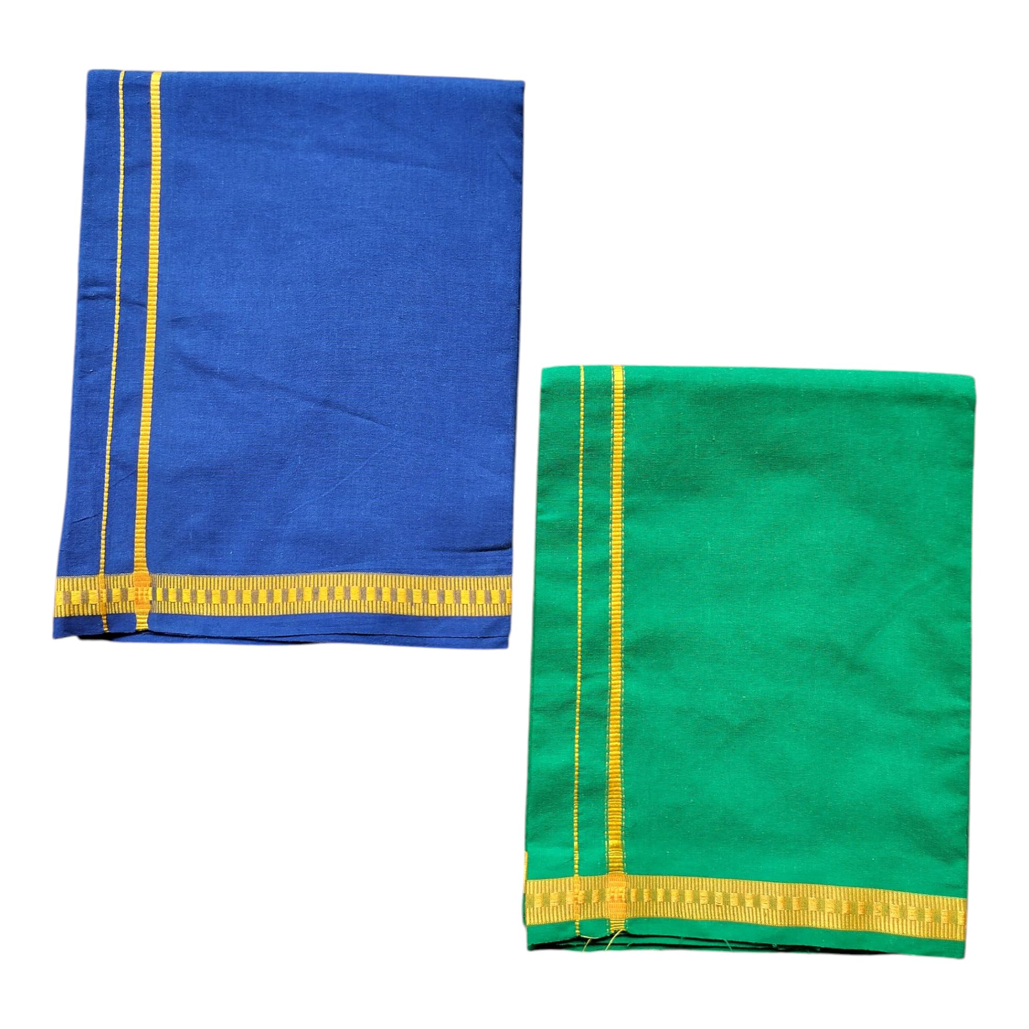 Traditional Cotton Dhoti with Golden Border, Blue and Green, Pack of 2-image-42