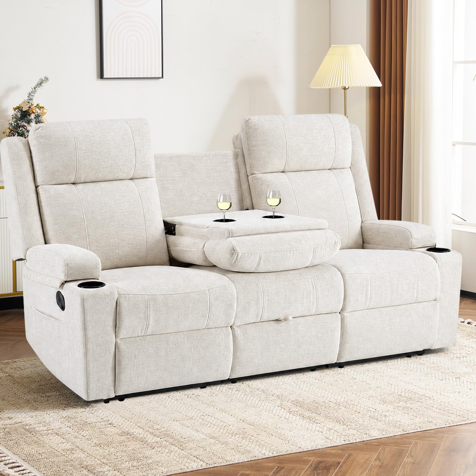 Reclining Sofa Couch, Loveseat 3 Seater Recliner Sofa with Drop Down Table