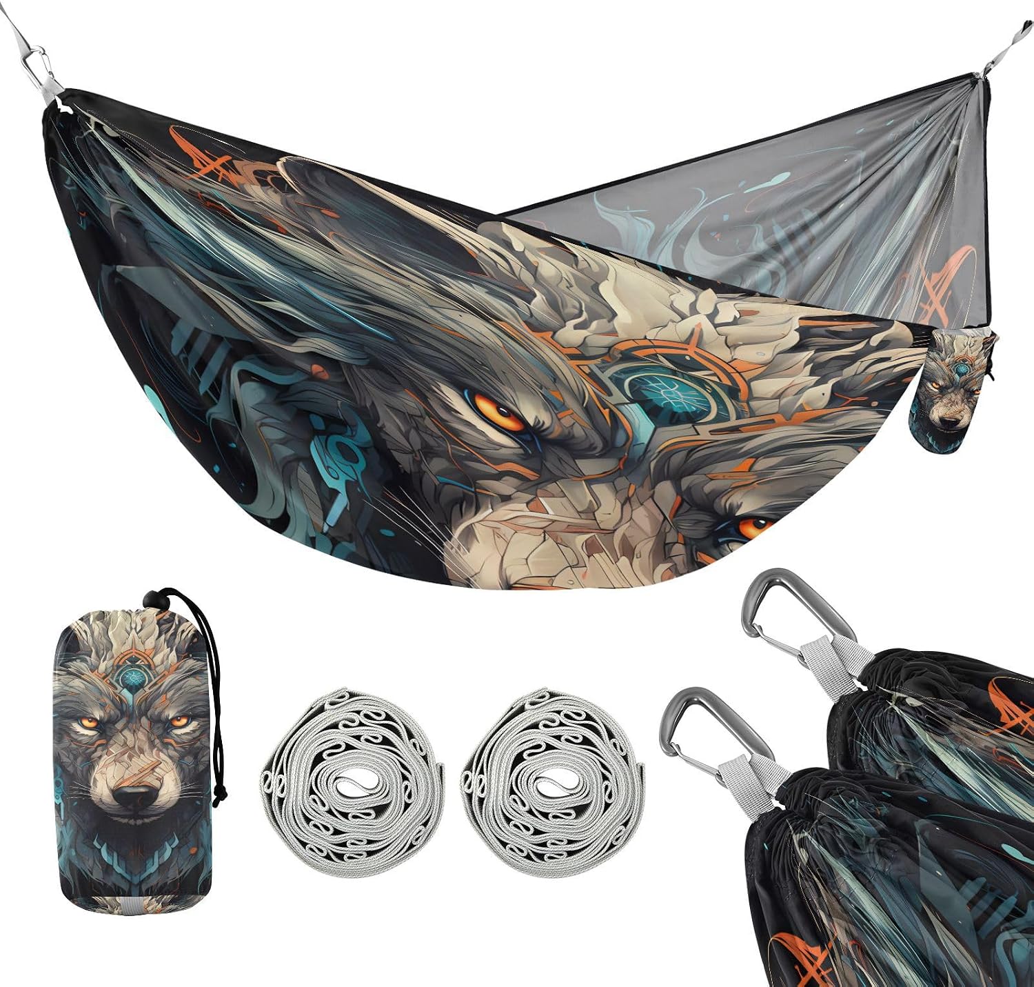 ALAZA King of Wolf Camping Hammocks Single or 2 Person 500 lbs Portable Parachute Travel Hammock w/Tree Straps for Hiking Backpacking Indoor Outdoor