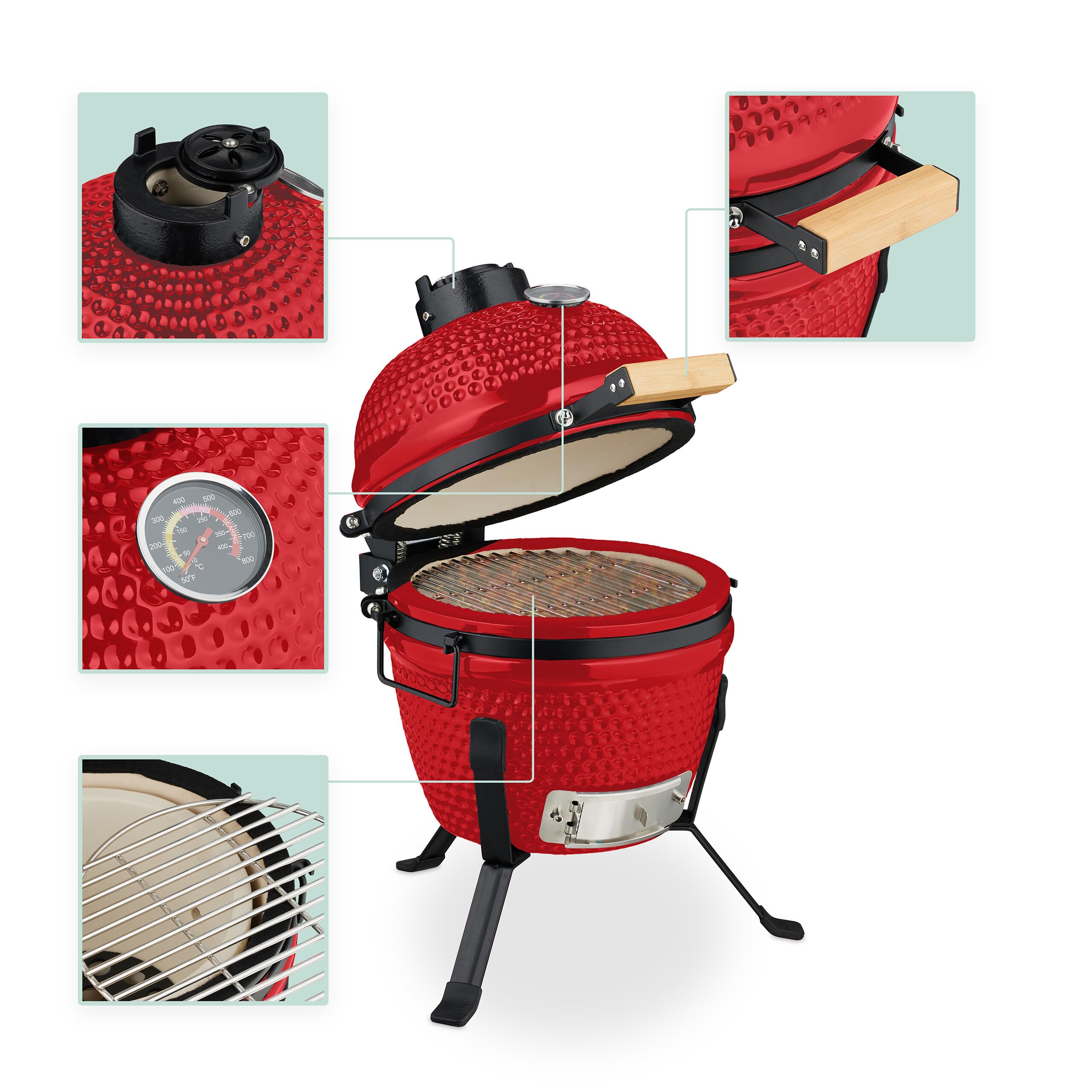 Relaxdays Kamado Grill, Ø 26 cm, japoński grill ceramiczny z termometrem 450°C, grill, wędzarnia, pokrywa, czerwony