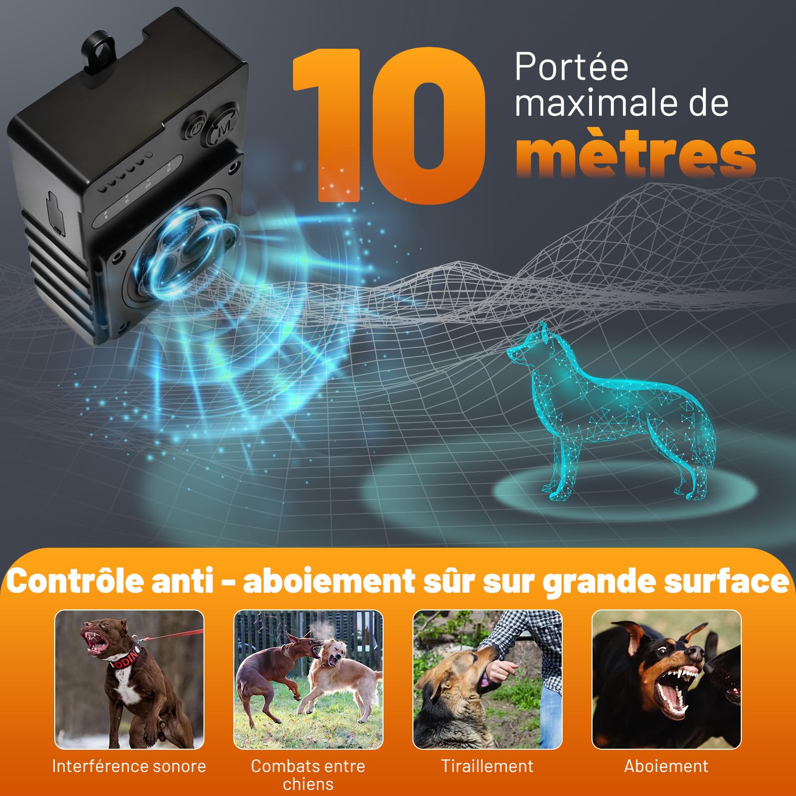 Appareil anti-aboiement à ultrasons pour chiens de taille moyenne et grande - 3 fréquences - Étanche IP45 - Anti-aboiement pour chiens - Intérieur et extérieur - Noir