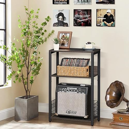 Miniatura 8 de LELELINKY Mesa auxiliar de granja, soporte para tocadiscos de 3 niveles con almacenamiento de hasta 100 álbumes, soporte para tocadiscos, color gris