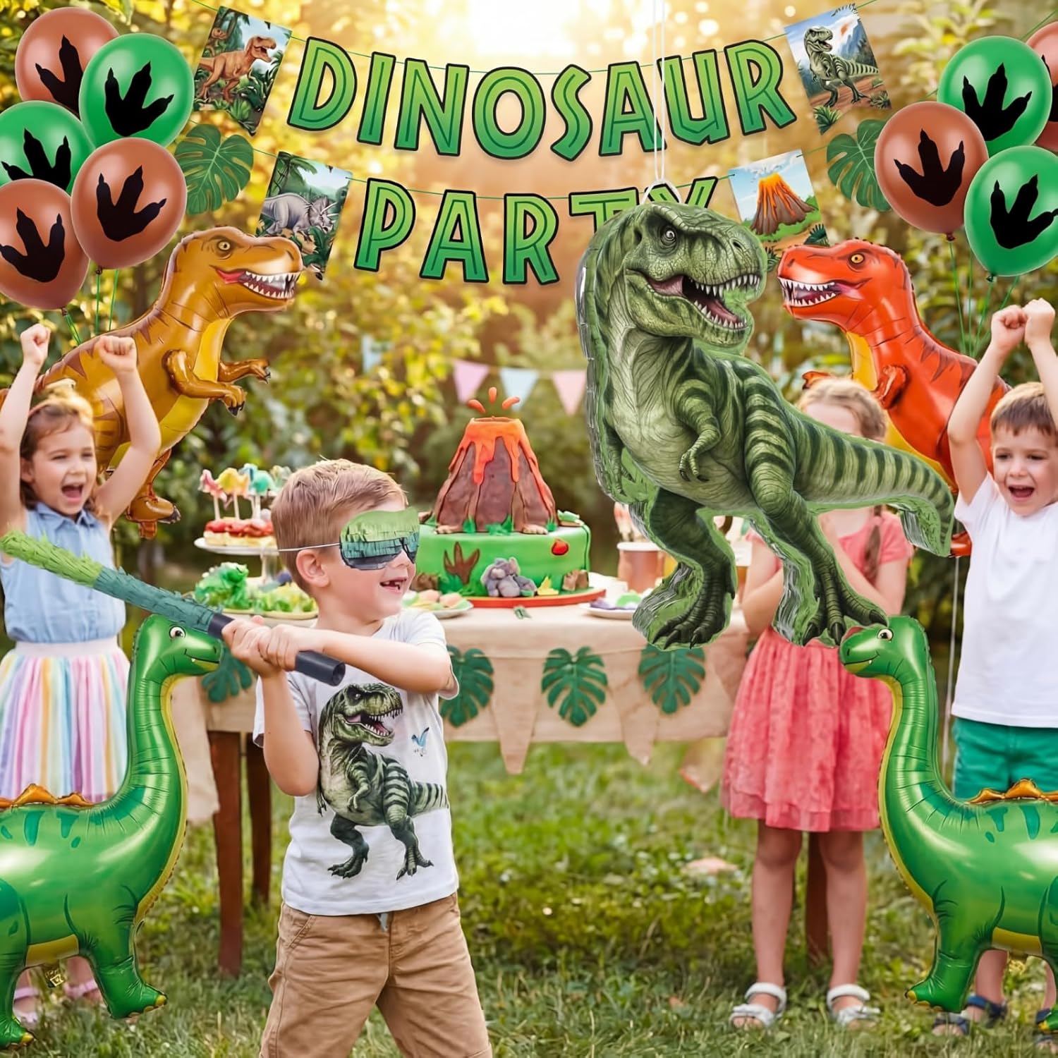 Dinosaur Piñata Set Dino Themed Piñata with Stick and Blindfold Girls Dinosaur Birthday Party for Animal Theme Party Decoration Baby Shower Game Supplies (Green Dino)