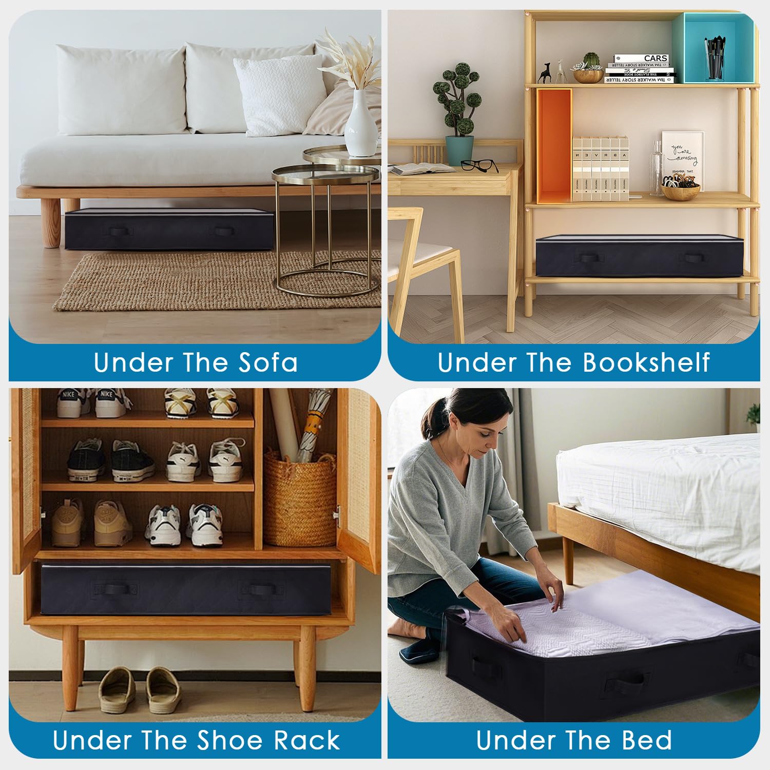 4 Pezzi Contenitori Sotto Il Letto, 90L Contenitore Sottoletto Pieghevole, Salvaspazio Organizer Sotto Letto Con Finestra Di Osservazione E Maniglia Scatole Sottoletto Per Vestiti, Coperte (Nero)