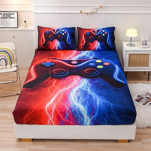 Meeting Story Juego de sábanas bajeras ajustables para videojuegos de 3 piezas, colchón de bolsillo profundo con estampado de rayos, teñido anudado,