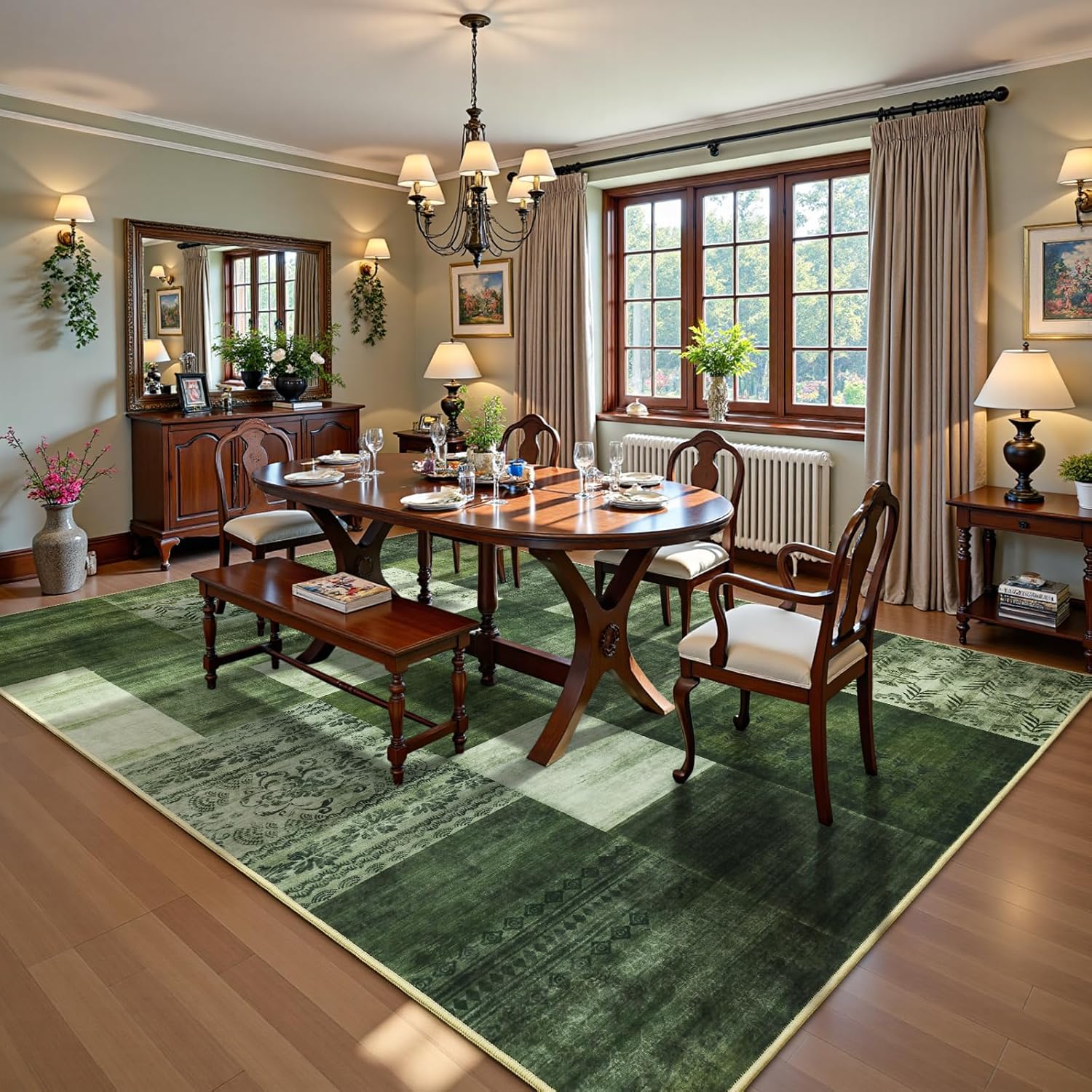DweIke Washable Area Rugs 4x6 for Living Room, Modern Geometric Green Soft Patchwork Carpet, Non-Slip Stain Resistant Throw Rug for Bedroom Dining Room Office Home Decor