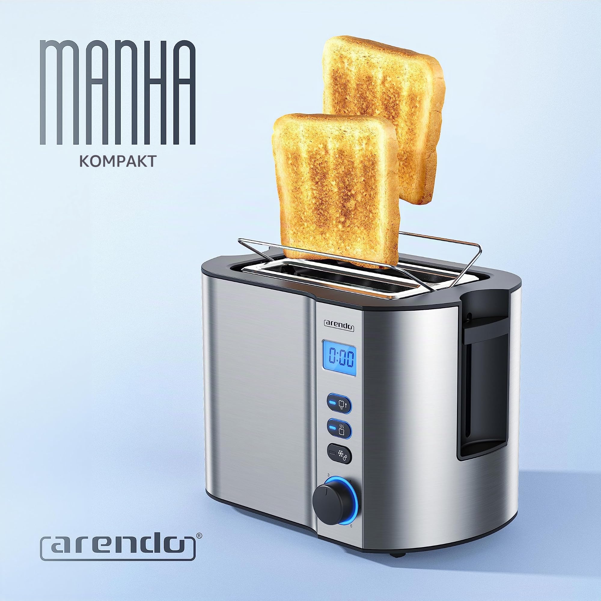Arendo - Toaster 2 Scheiben Edelstahl mit Restzeitanzeige - 800 Watt - Doppelwandgehäuse - Integrierter Brötchenaufsatz - 6 Bräunungsgrade - kurz - Brotscheibenzentrierung – beleuchtetes LCD-Display