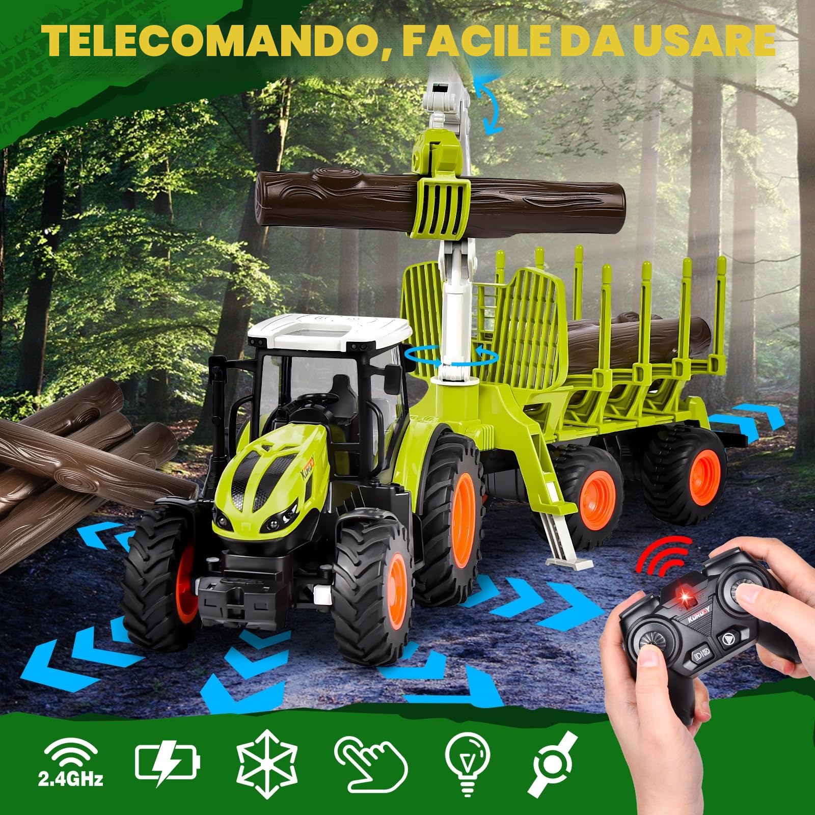 Aragallant RC Trattore Telecomandato per Bambini, Set di Trattore Radiocomandato - con Rimorchio Giocattolo, 2.4Ghz Telecomandato, Pinza e 3 Legname, Giocattoli per Bambini di 3, 4, 5, 6, 7 Anni