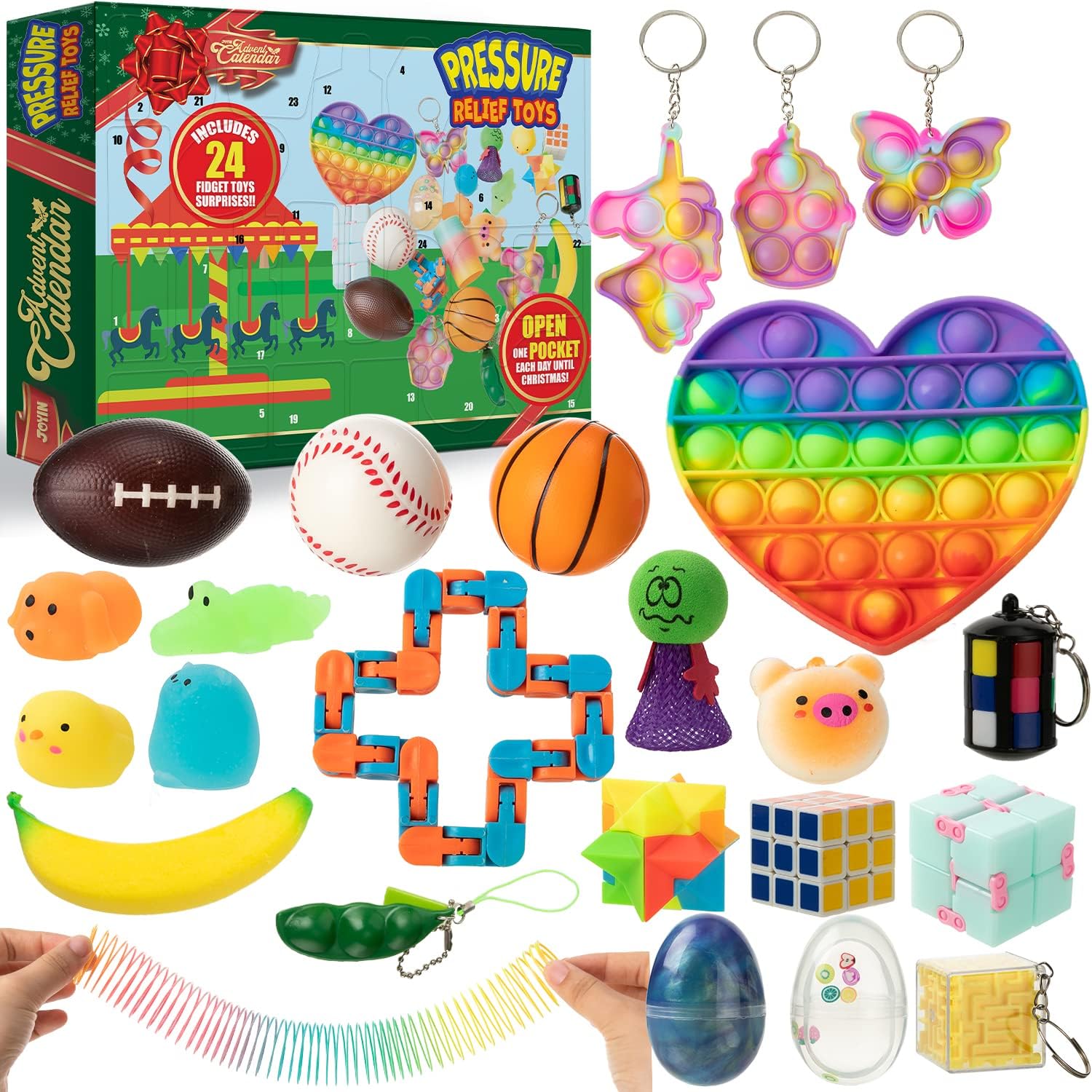 JOYINFidget Advent Calendar 2024 with Pop Bubble Set s, 24 Days Christmas Countdown Calendar with Mochi squishy toy, Slime and Pressure-Relief Toy for Kids, Boys, Girls, Xmas Party Favor Gifts