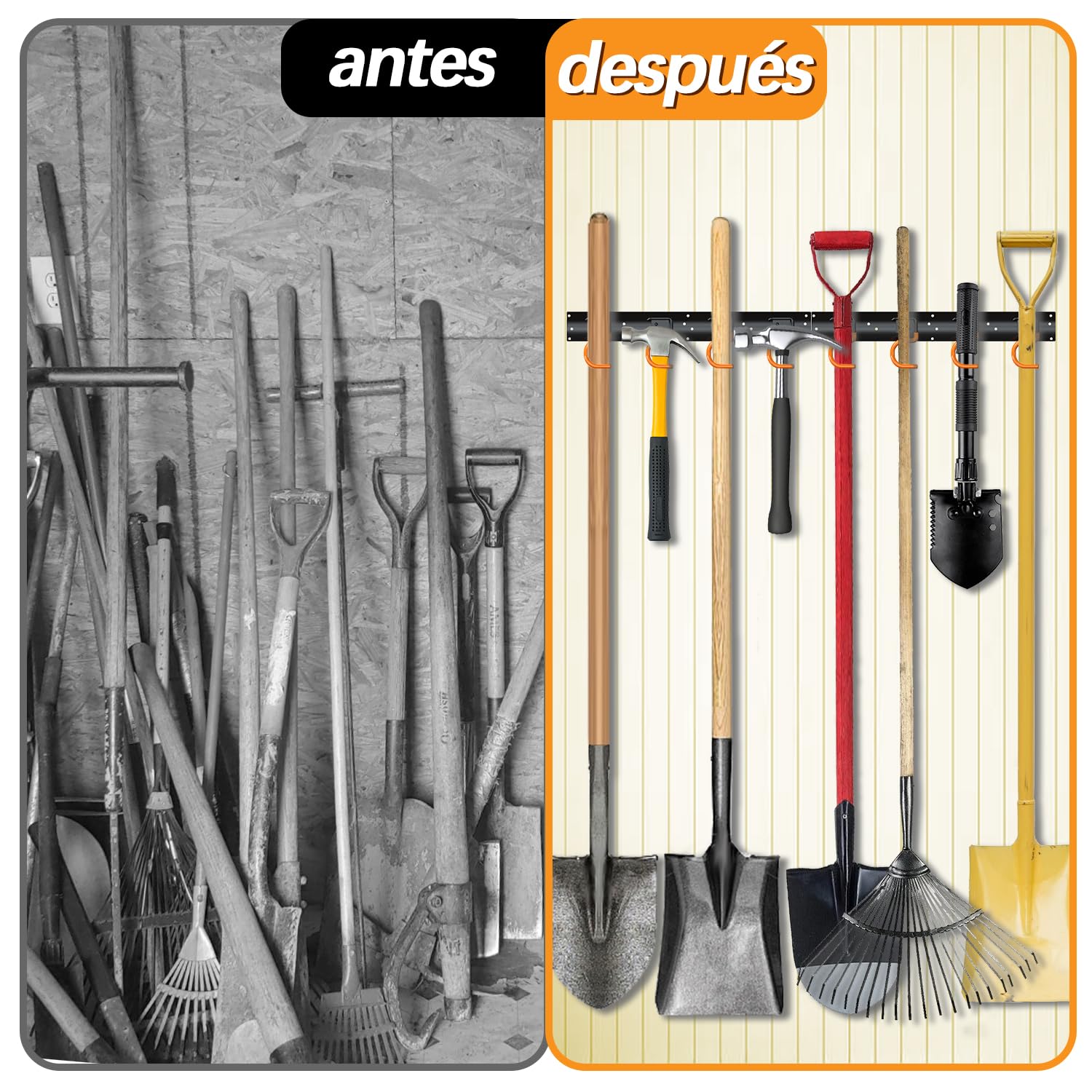 3-H Soporte Herramientas Pared 6x42cm,Organizador Herramientas Pared Acero Macizo Ajustable,Ganchos Garaje para Colgar Impermeable con 24 Ganchos para Herramientas Jardín Garaje Baño(252cm/99.21inch)