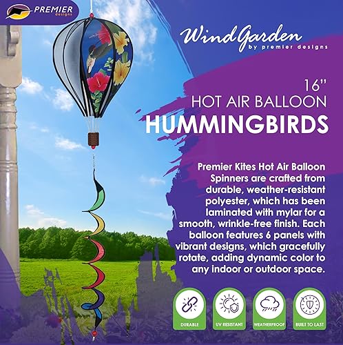 Miniatura 2 de Globo de aire caliente colgante de jardín giratorio de 16 pulgadas – Diseño vibrante de colibrí, decoración al aire libre resistente a la