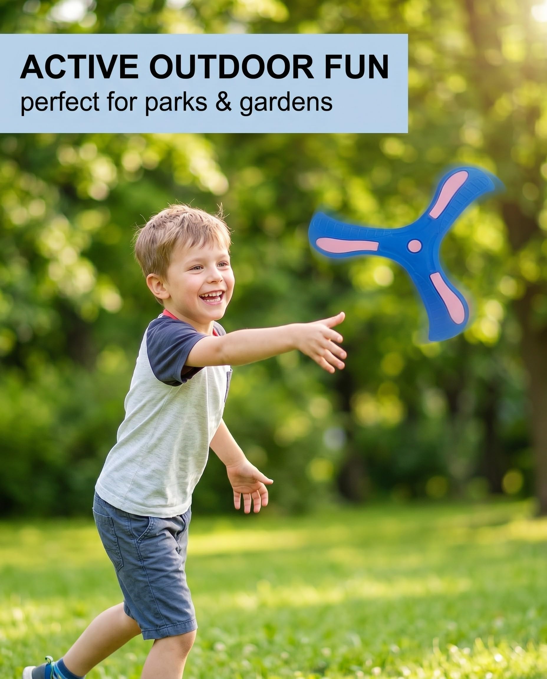 Boomerang 3 Pezzi 24cm Plastica, Sicuro per Bambini e Principianti, Volo Stabile e Morbido per Giochi All'aperto in Famiglia, Blu Giallo Verde.