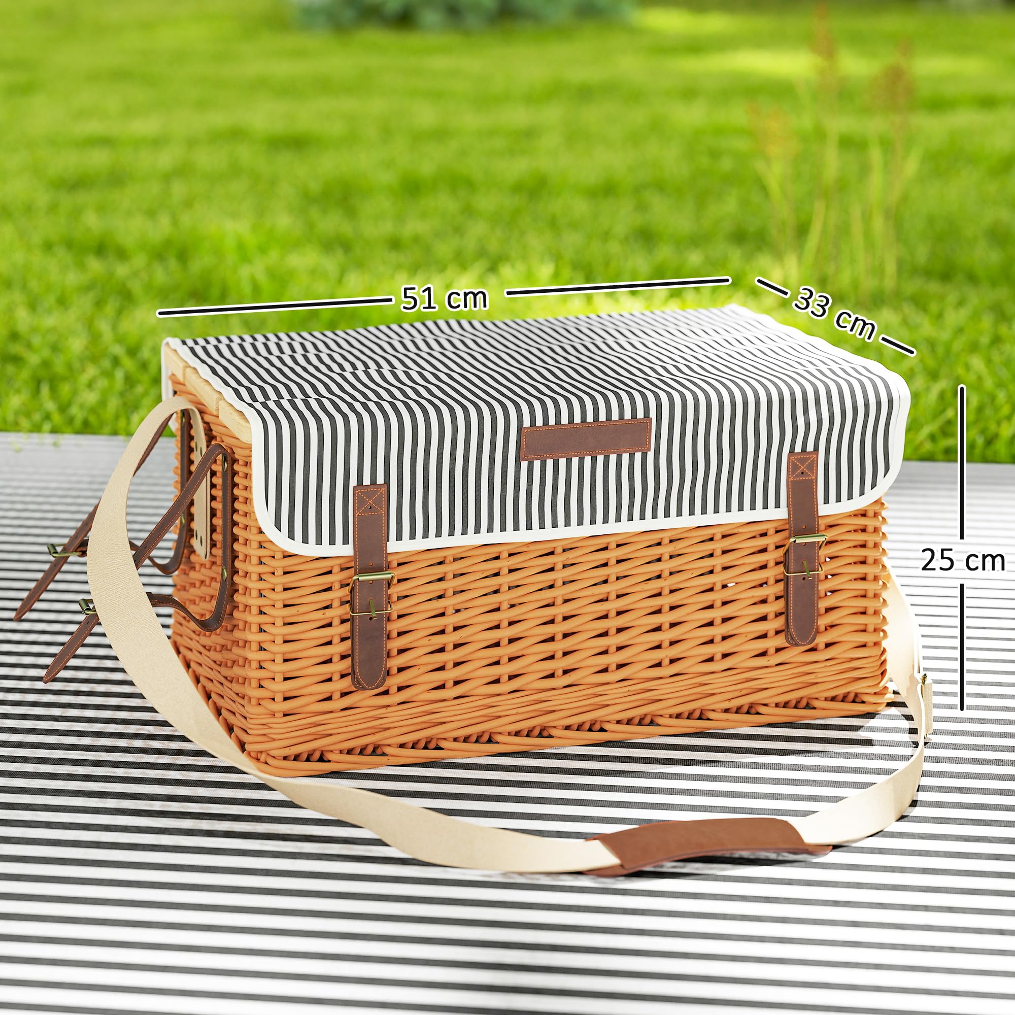 Outsunny Panier Pique-Nique en Osier 4 Personnes avec Table à vin en pin, Panier de Pique-Nique avec Sangle Ajustable pour extérieur, Camping, fête, Anniversaire, Noël, Marron Clair