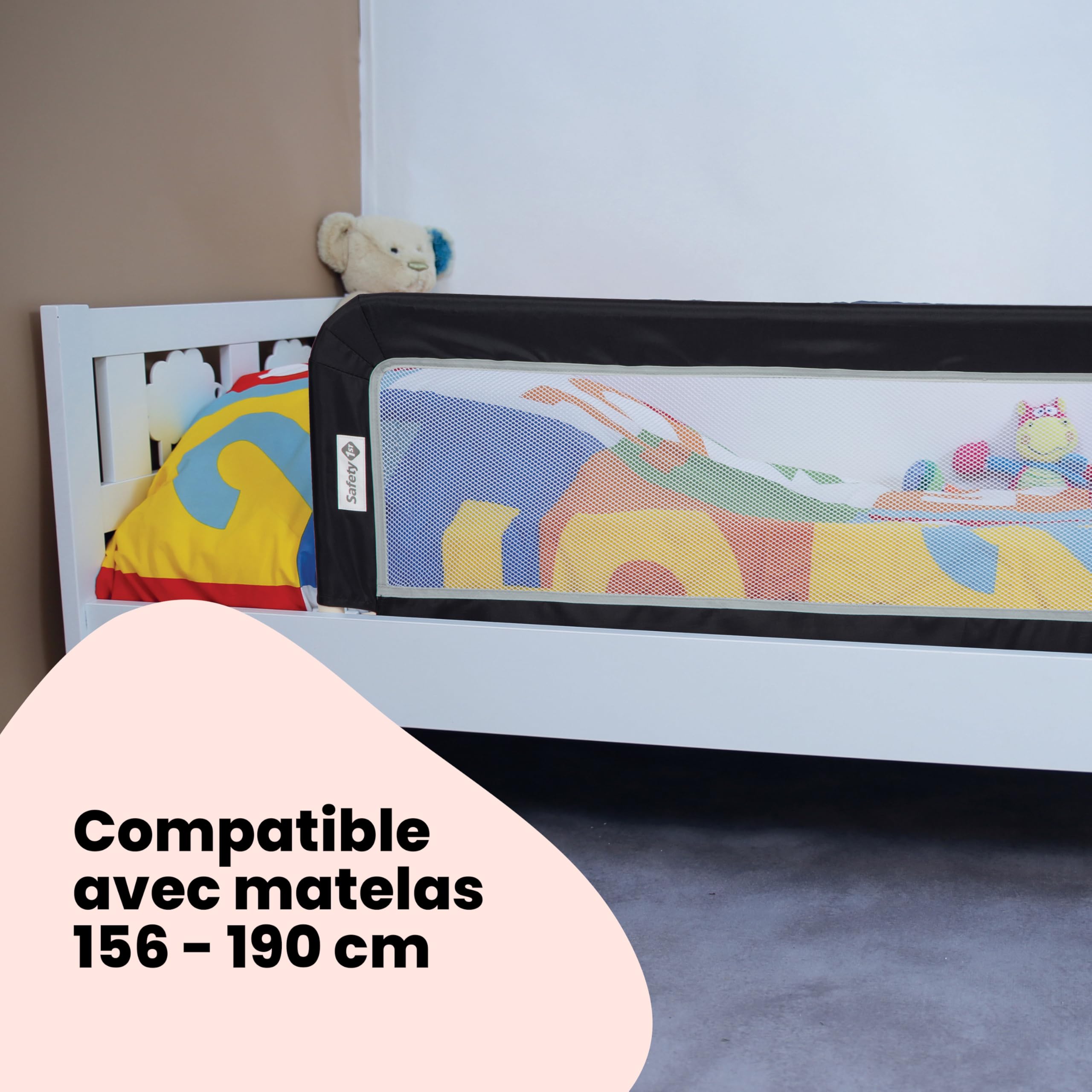 Safety 1st Portable Bed Rail, Barrière de lit enfant pliable, 18 mois-5 ans, Barrière de sécurité enfant lit, Tissu en maille, Facile à installer, Auto-verrouillage, Facile à transporter, Dark Grey