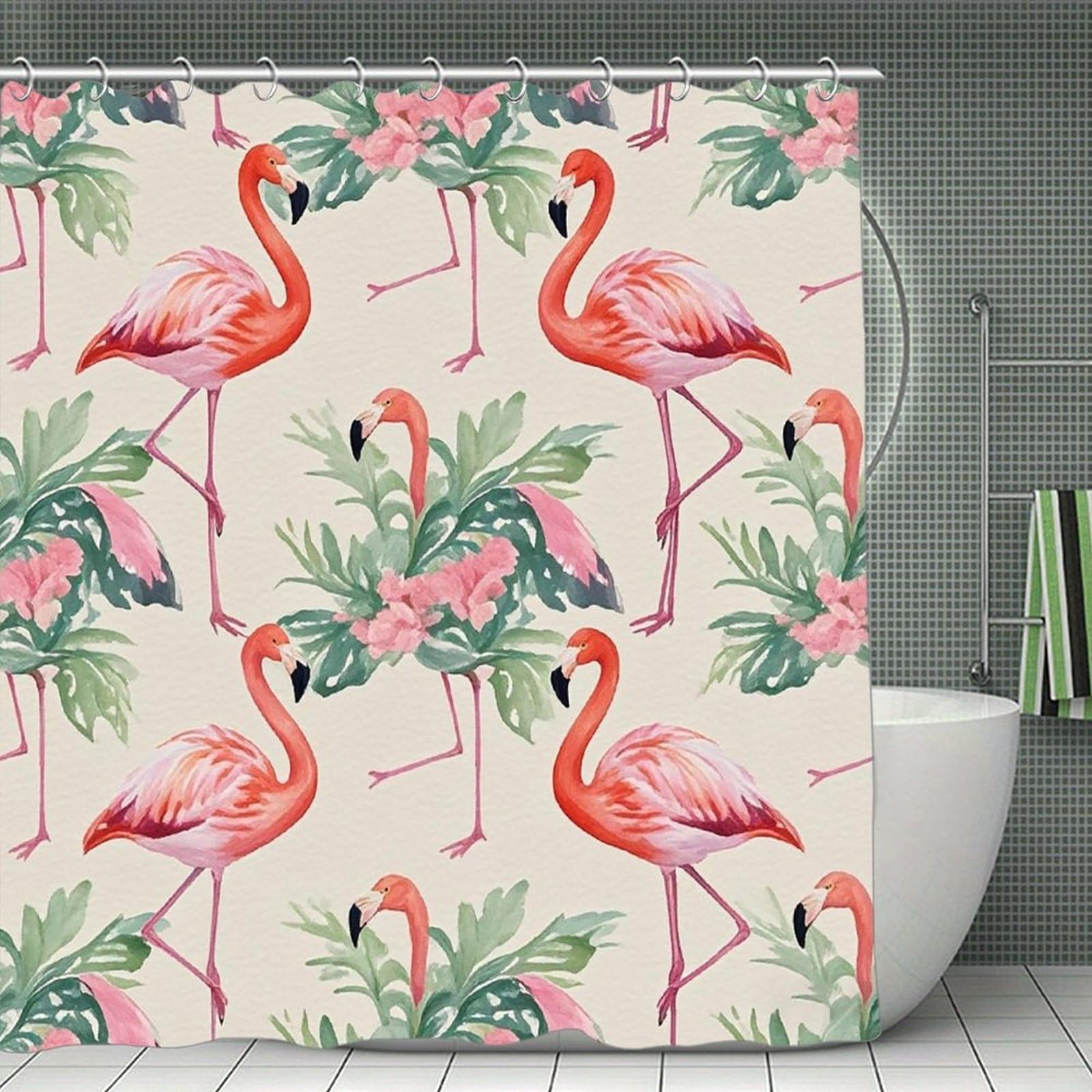 FekiLoot Watercolor Flamingo Shower Curtain with Hooks Modern Farmhouse Bathroom Curtain Waterproof Cloth Bath Curtains Cute Washable Blackout Privacy Curtains for Bathroom Bathtub 70.8"x70.8"