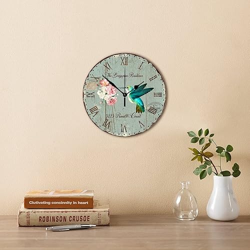 Miniatura 4 de Reloj de pared de madera con dirección personalizada, colibrí, fácil de leer, movimiento de barrido, reloj de pared redondo, estilo retro, reloj de