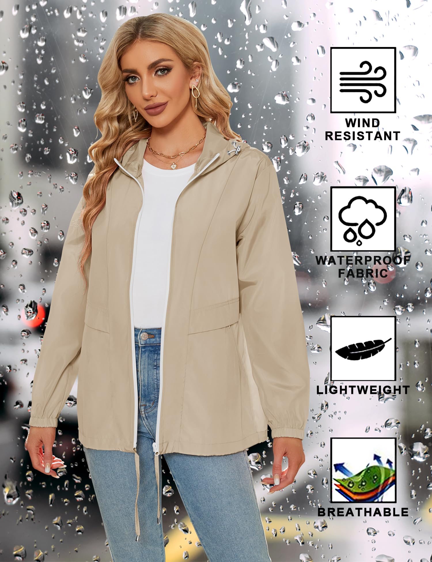 Tisfeer - Impermeabile da donna con cappuccio, leggero, antivento, ripiegabile, giacca a vento con cappuccio